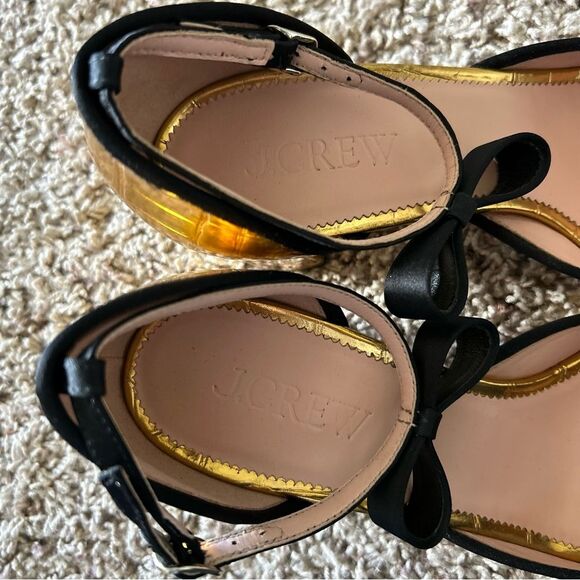 J. Crew Millie Bow Ankle Strap Heels in Metallic Croc Embossed Leather Gold 10 - Picture 10 of 12